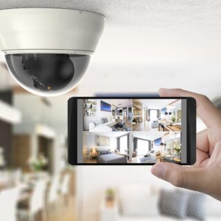 hand holding 3d rendering mobile connect with security camera